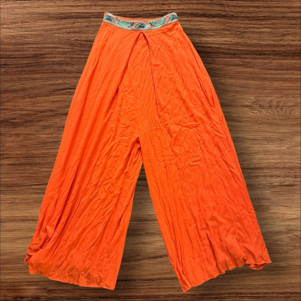 Anthropologie Orange Wide Leg Pants with Embroidered Waistband